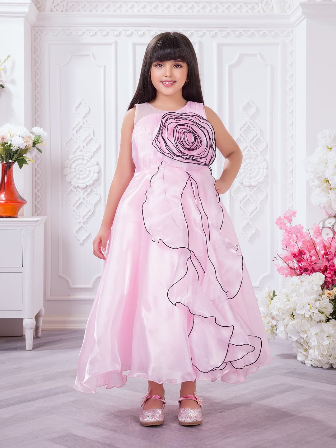 Dresses - Girls Pink Party Floral Embellished Dress 1