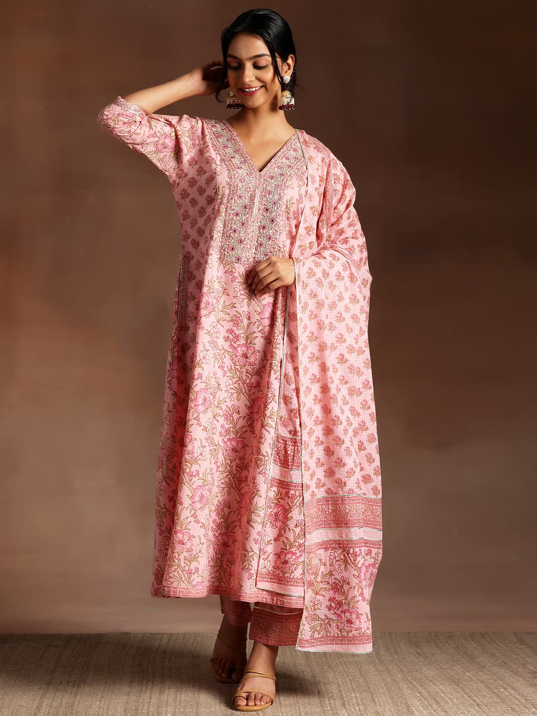 Women's Pink Floral Printed a-line Kurta With Printed Palazzo and Printed Kota Dupatta