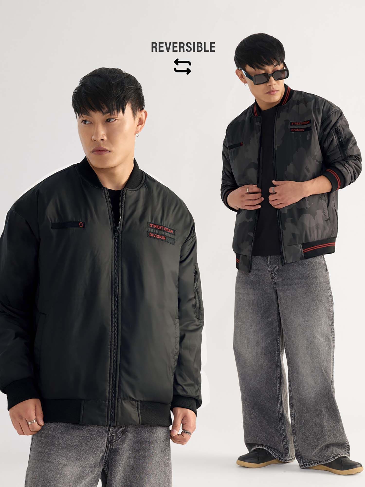Men's Black Casual Printed Regular Fit Jacket