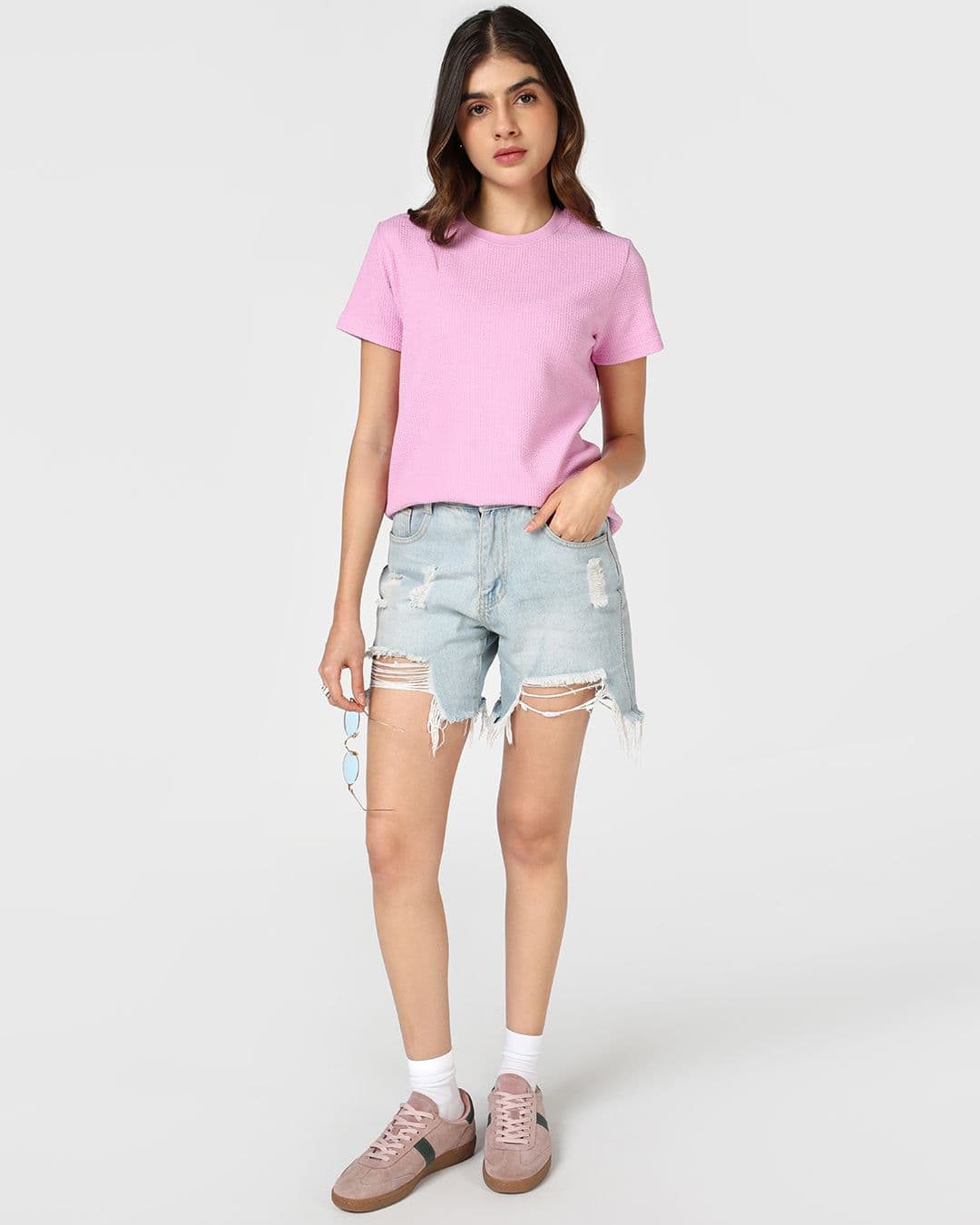 Tshirt - Women's Pink Casual Regular Fit Textured Half Sleeves Tshirt 1