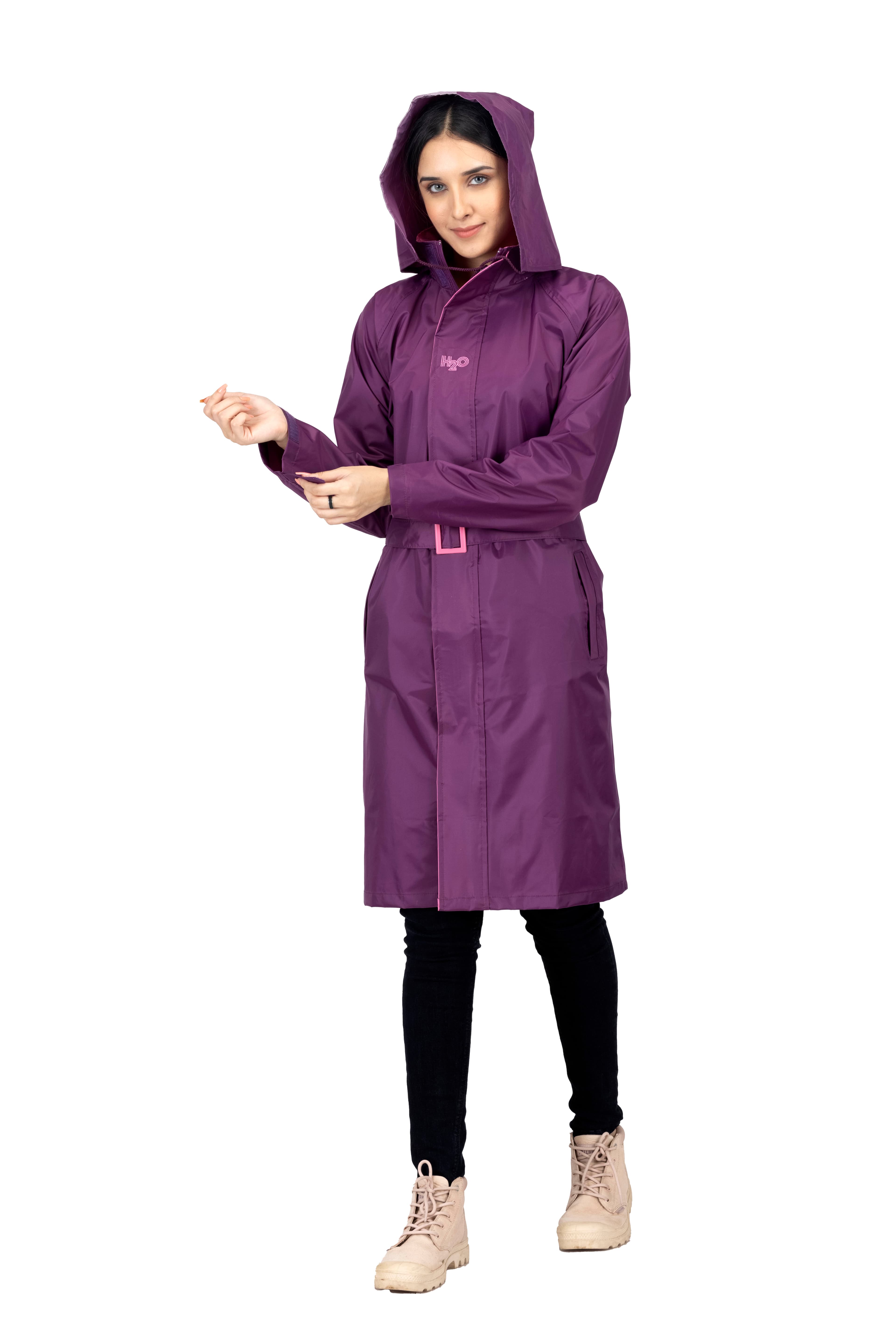 Rain Jacket - Women's Pink Non Reversible and Non Transparent Above Knee Full Sleeves Hooded Neck Solid Rain Jacket 1