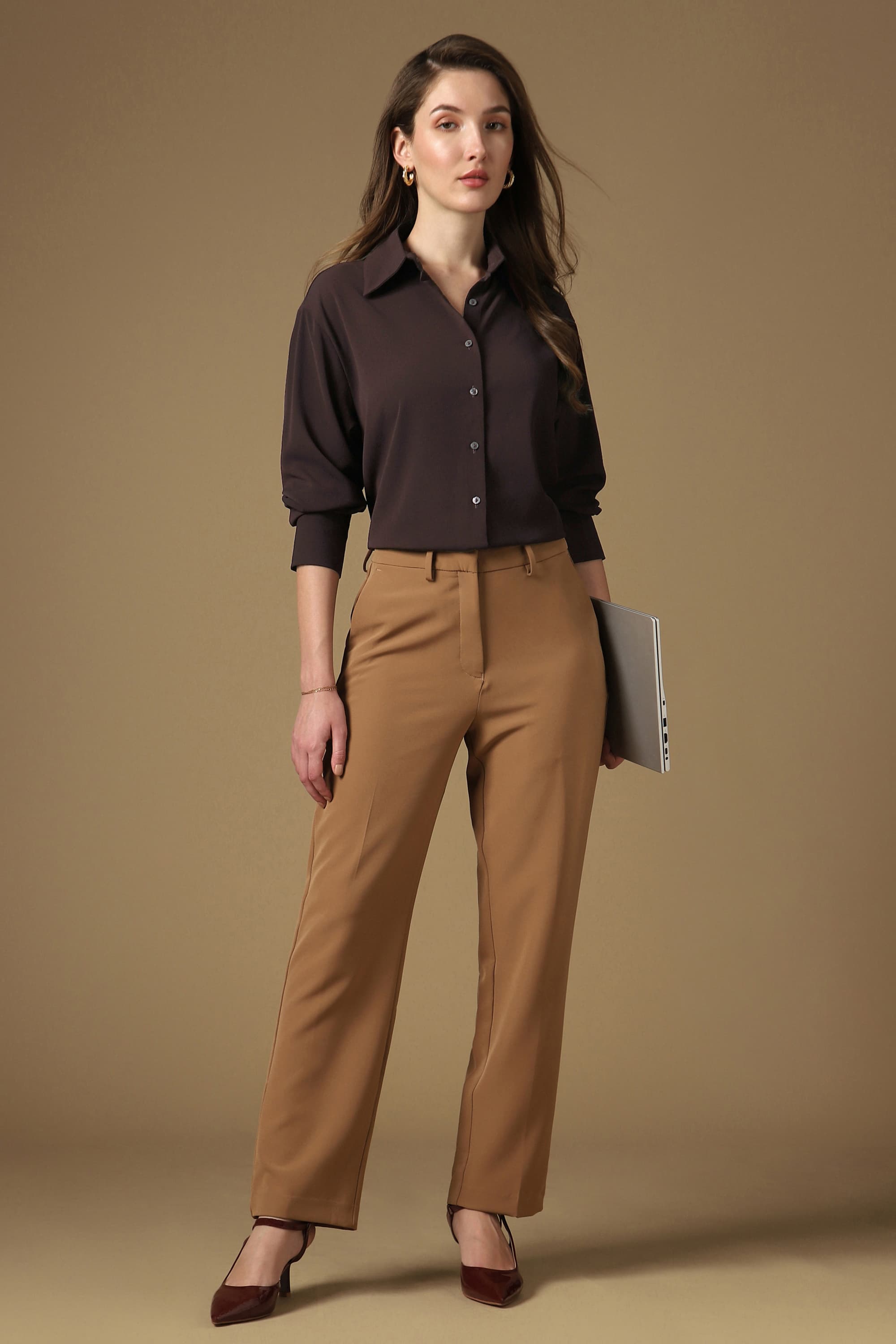 Shirt - Women's Brown Casual Regular Fit Solid Full Sleeves Shirt 1