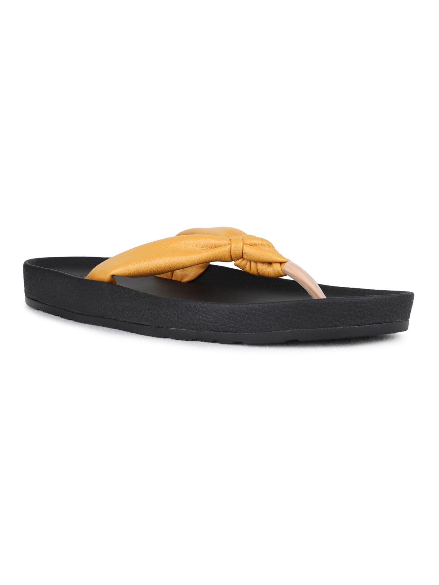 Sandals - Women's Yellow Casual Round Toe Solid T-Strap Sandals 1