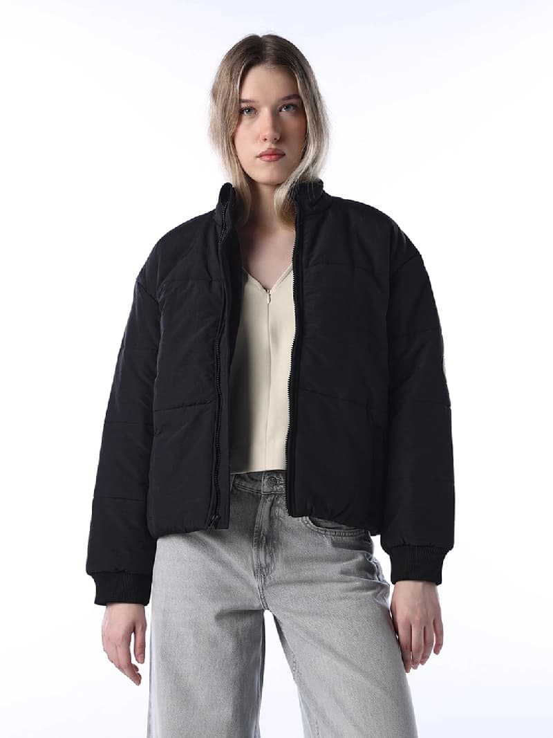 Women's Black Casual Solid Dual-Tone Puffer Jacket