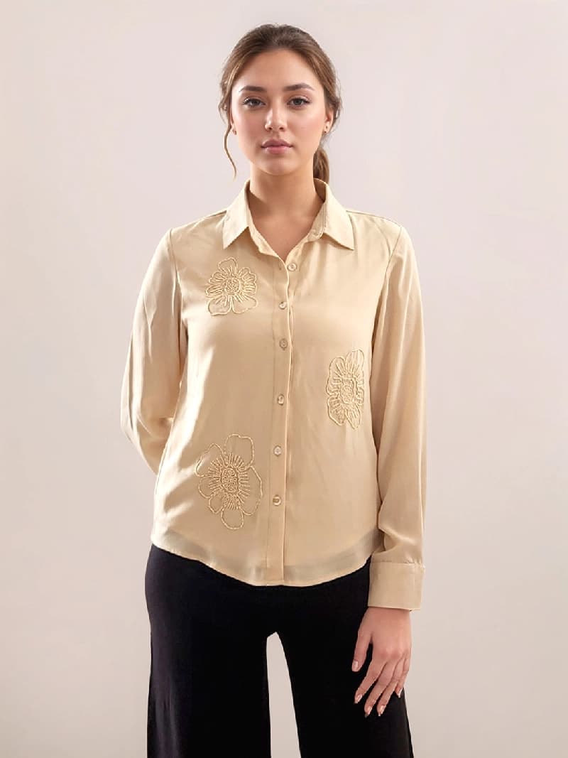Women's Beige Festive Solid Regular Fit Shirt