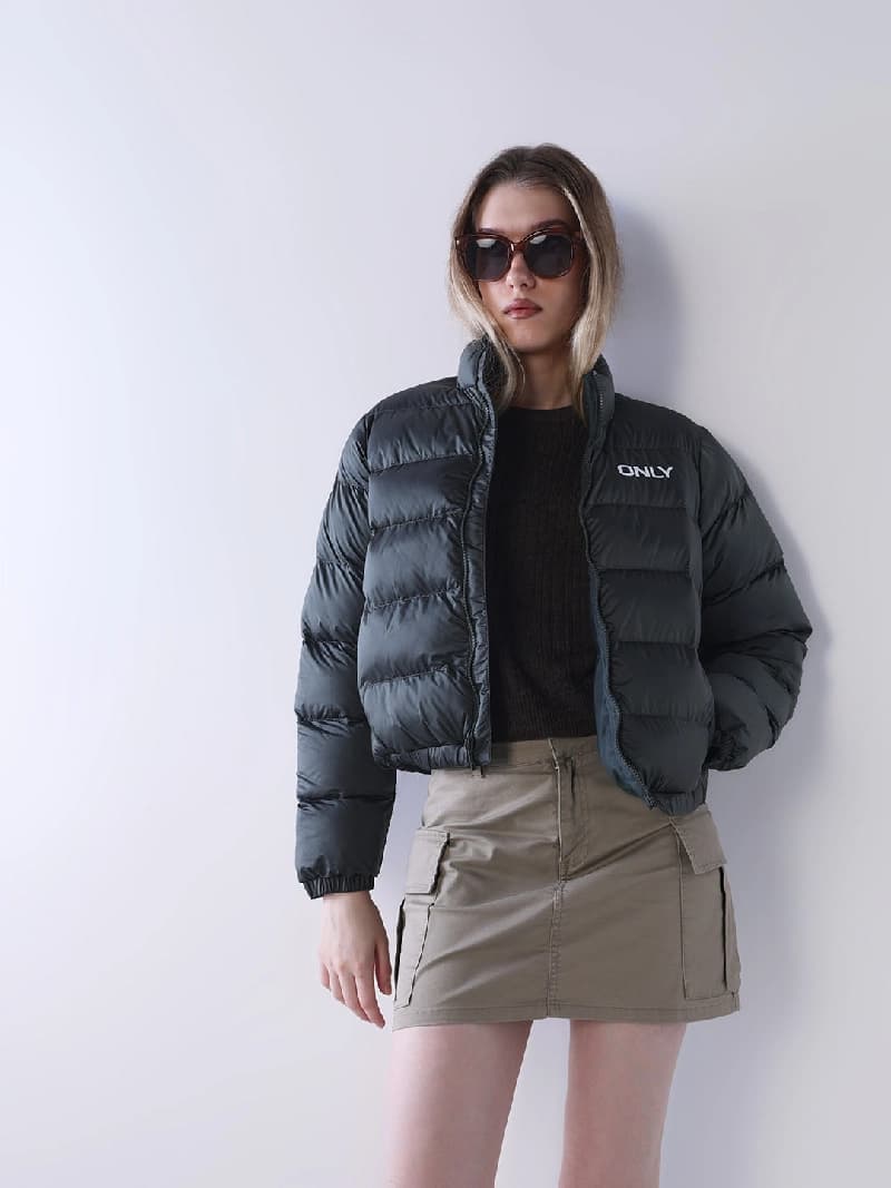 Women's Black Casual Solid Puffer Jacket