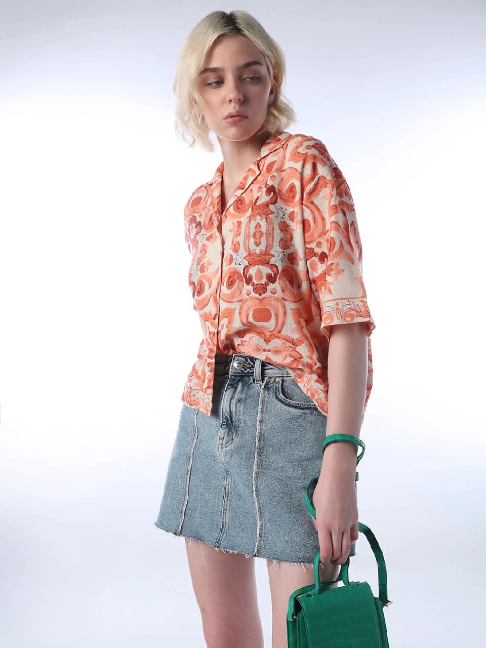 Women's Orange Casual Printed Regular Fit Shirt