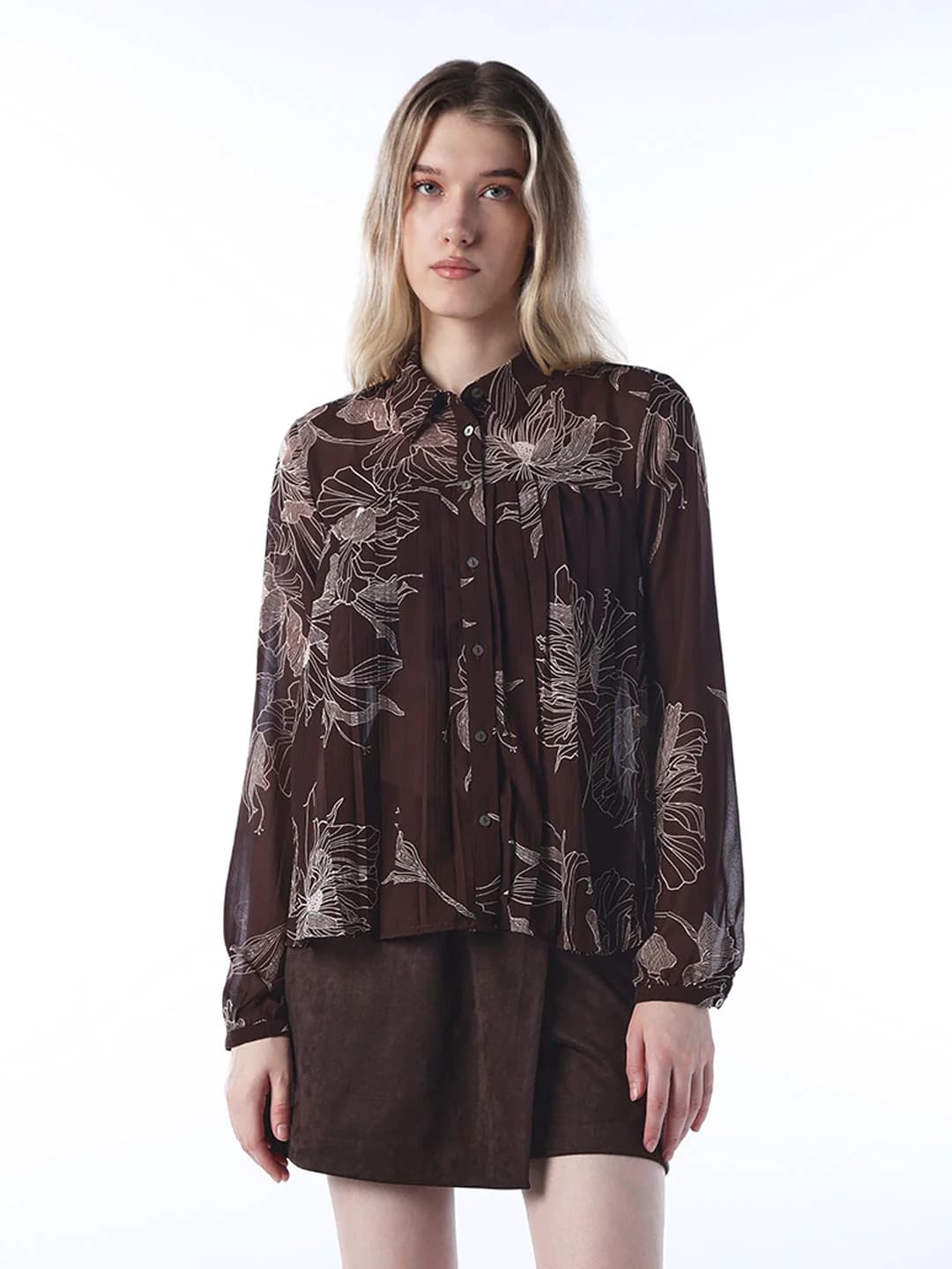 Women's Brown Casual Self-Design Regular Fit Shirt