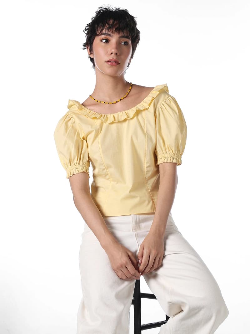 Women's Yellow Casual Solid Regular Fit Top