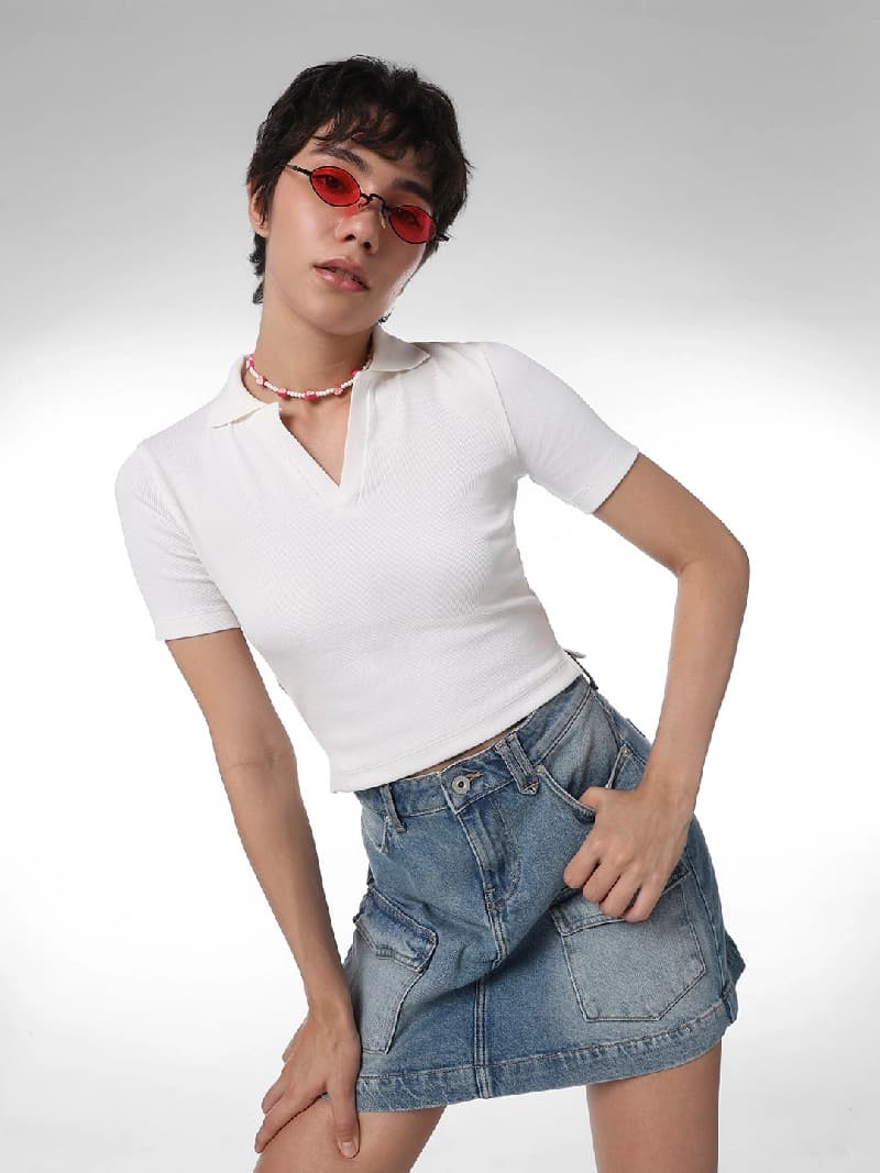 Women's White Casual Solid Regular Fit Polo Tshirt