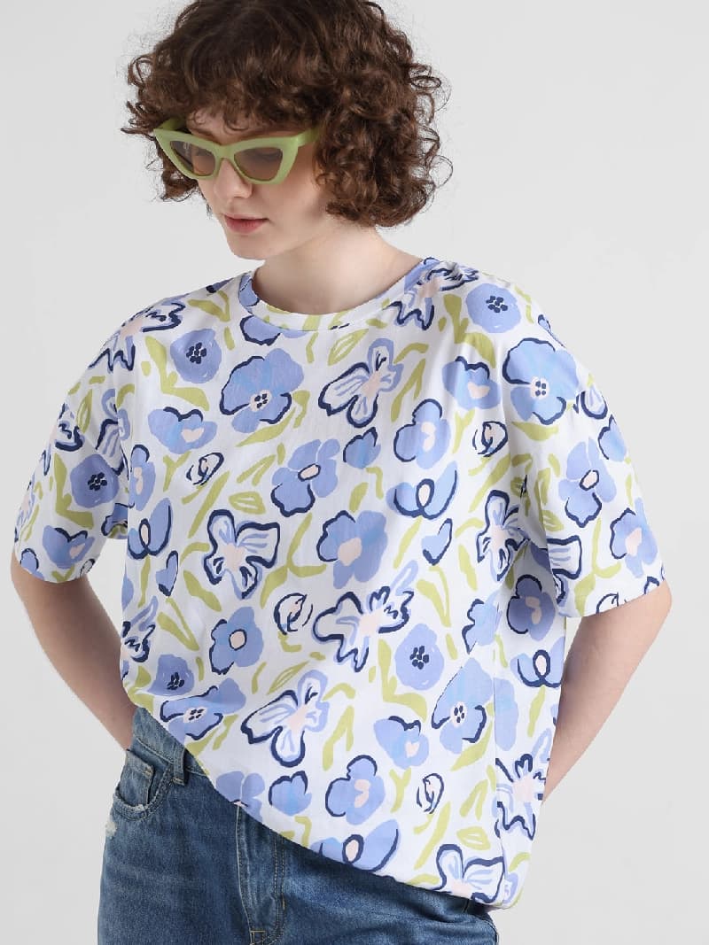 Women's White Casual Printed Oversized Fit Tshirt