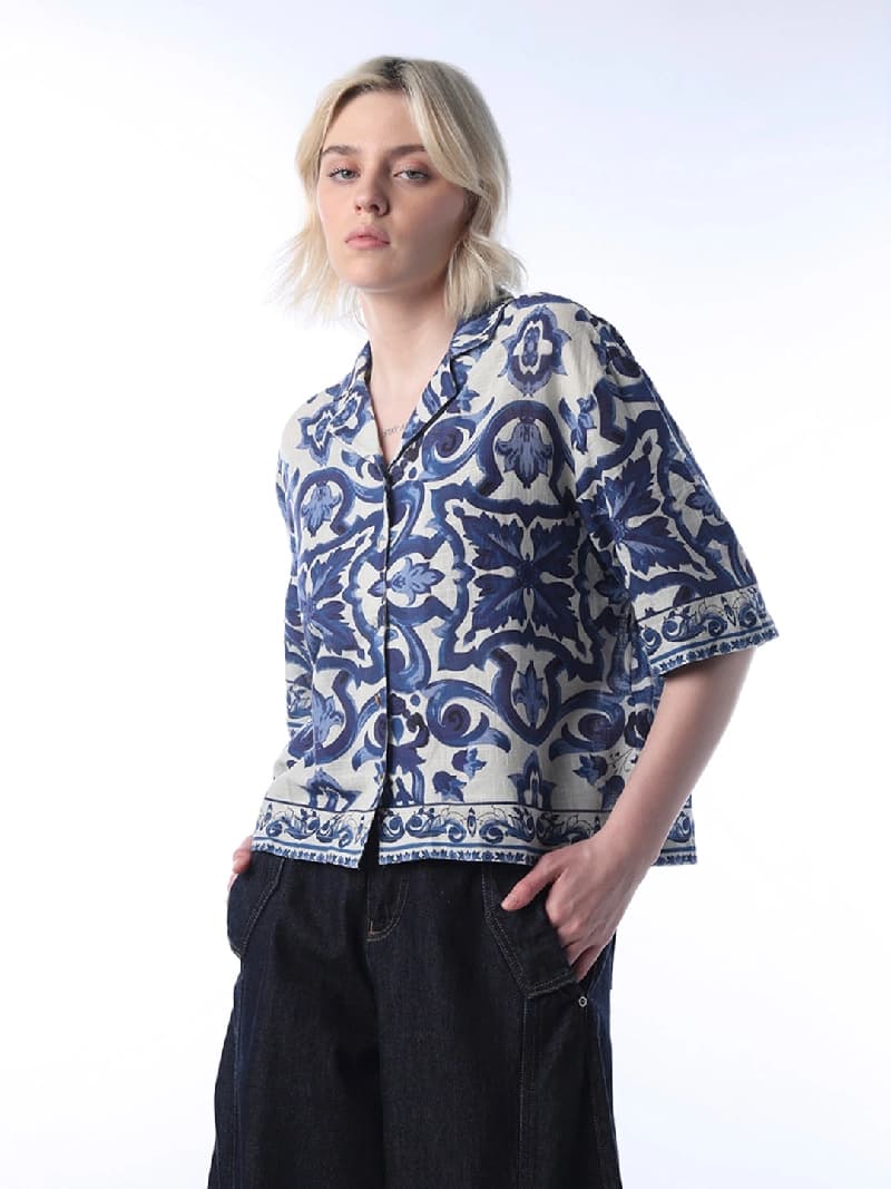 Women's Blue Casual Printed Regular Fit Shirt