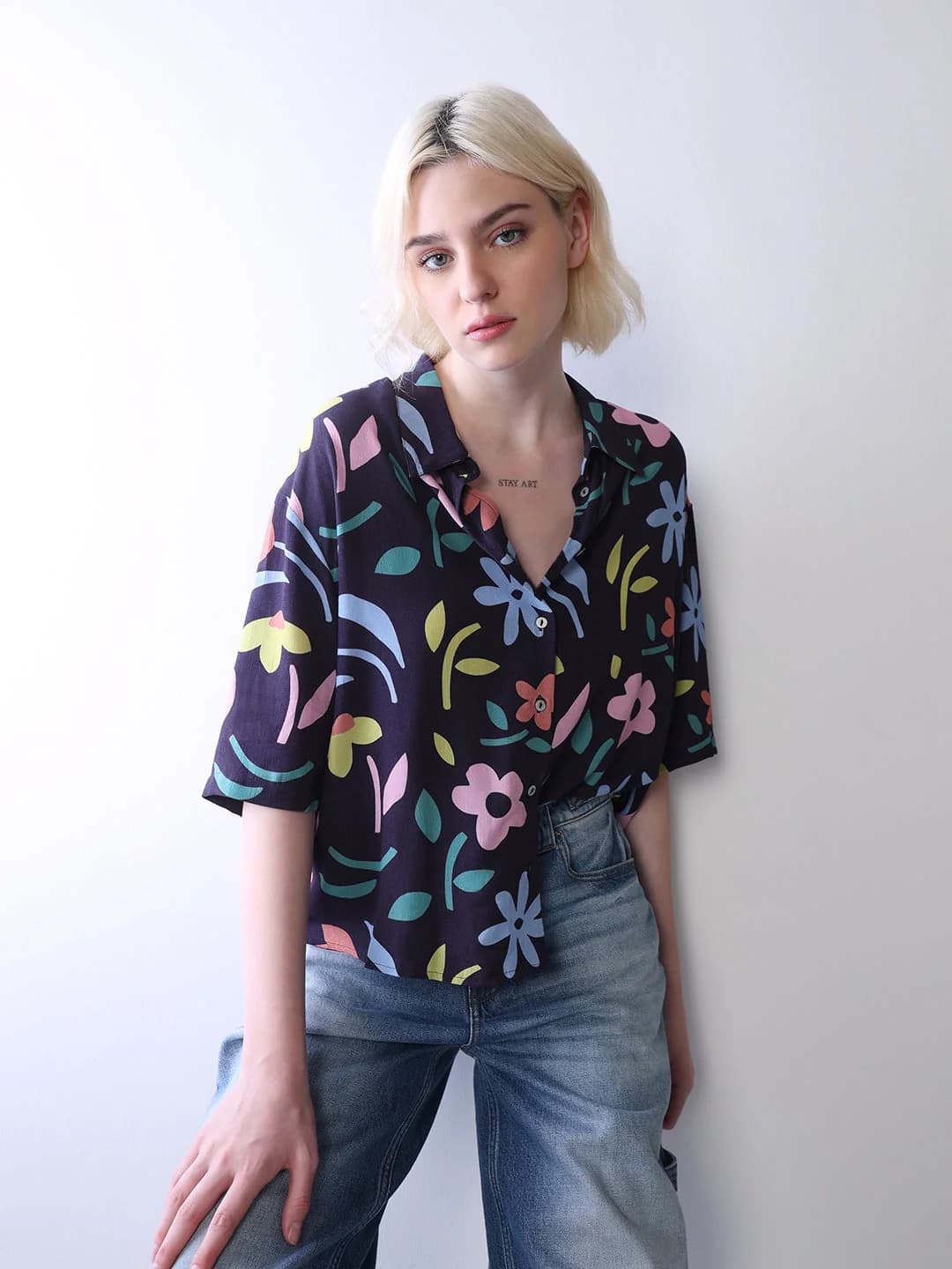 Women's Black Casual Printed Oversized Fit Shirt