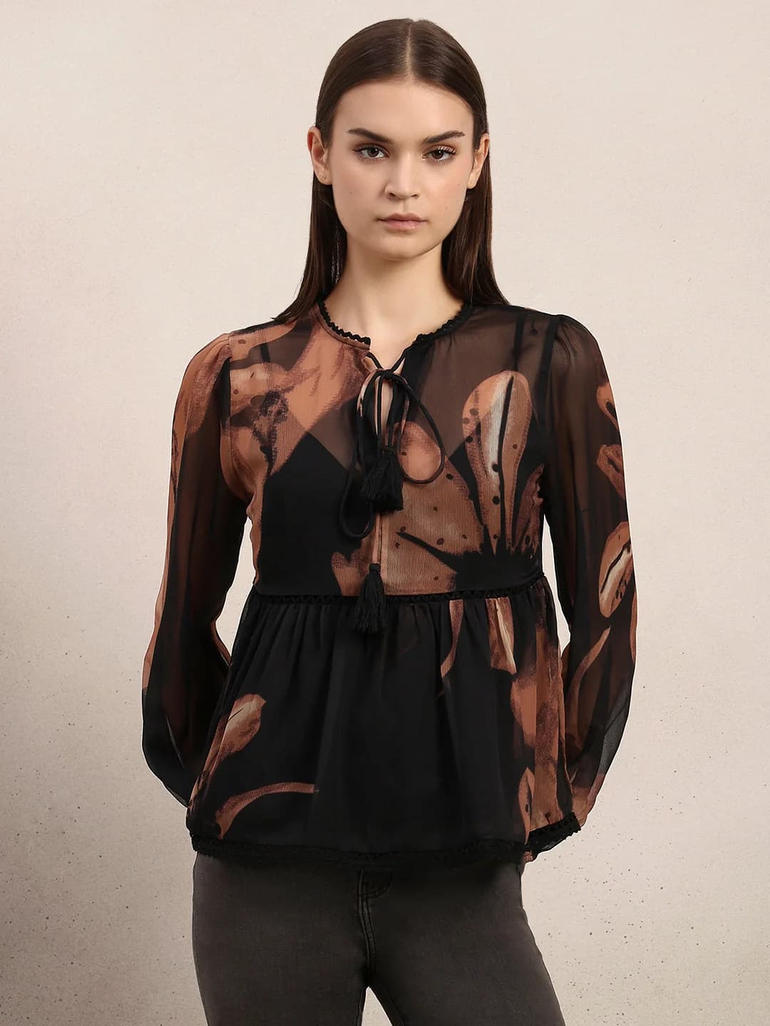 Women's Brown Casual Printed Regular Fit Top