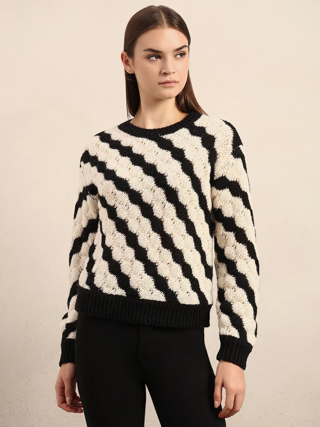 Women's White Casual Striped Regular Fit Sweater