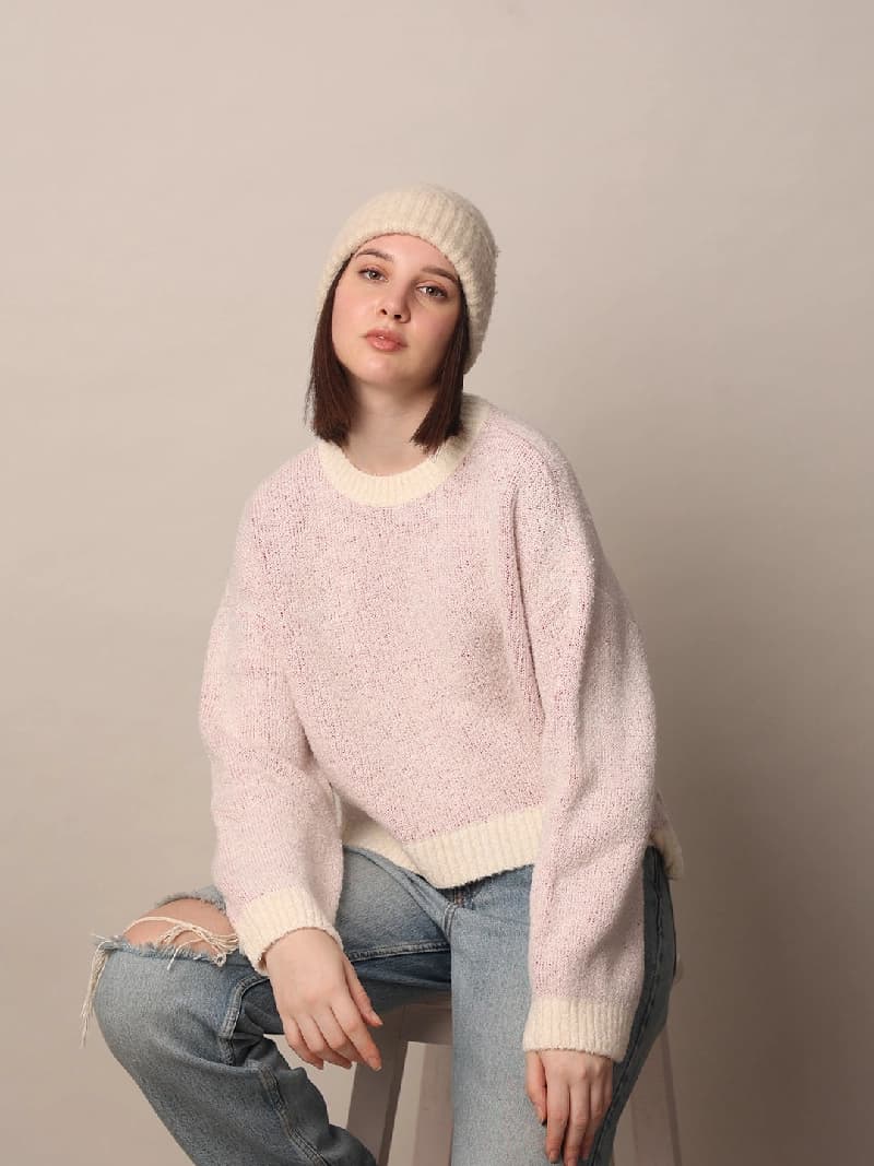 Women's Pink Casual Solid Regular Fit Sweater