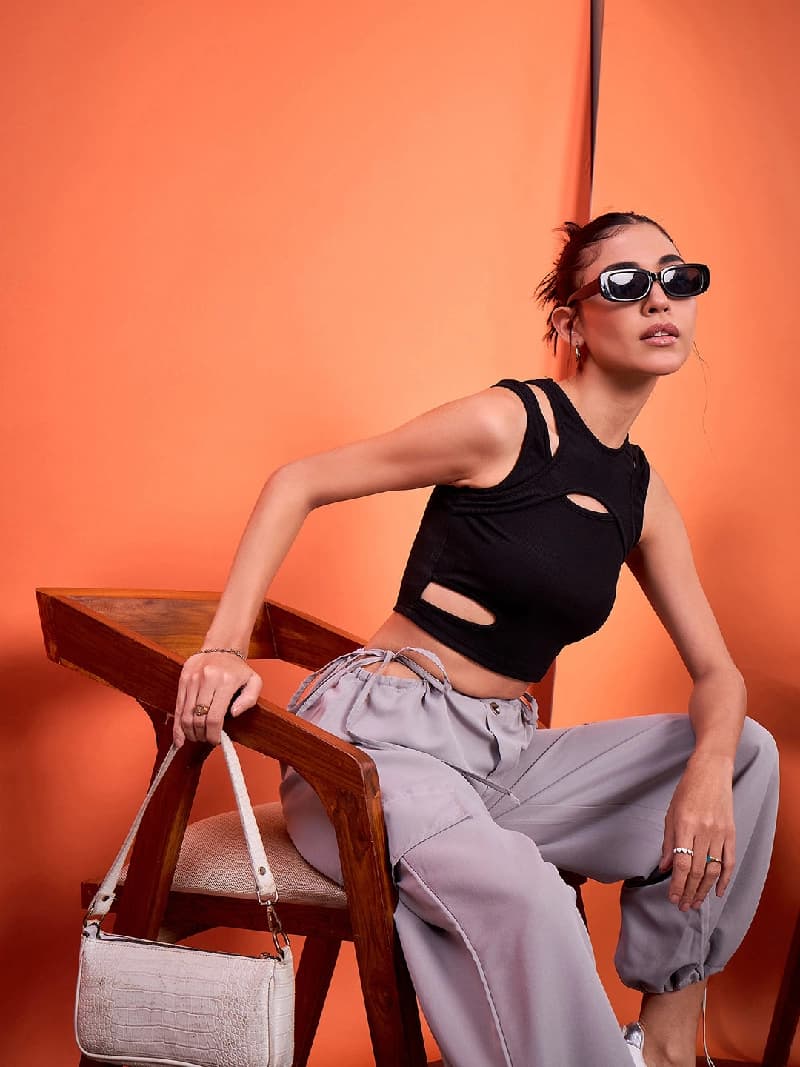 Women's Black Casual Sleeveless Stretchable with Front Cut Outs Ribbed Top