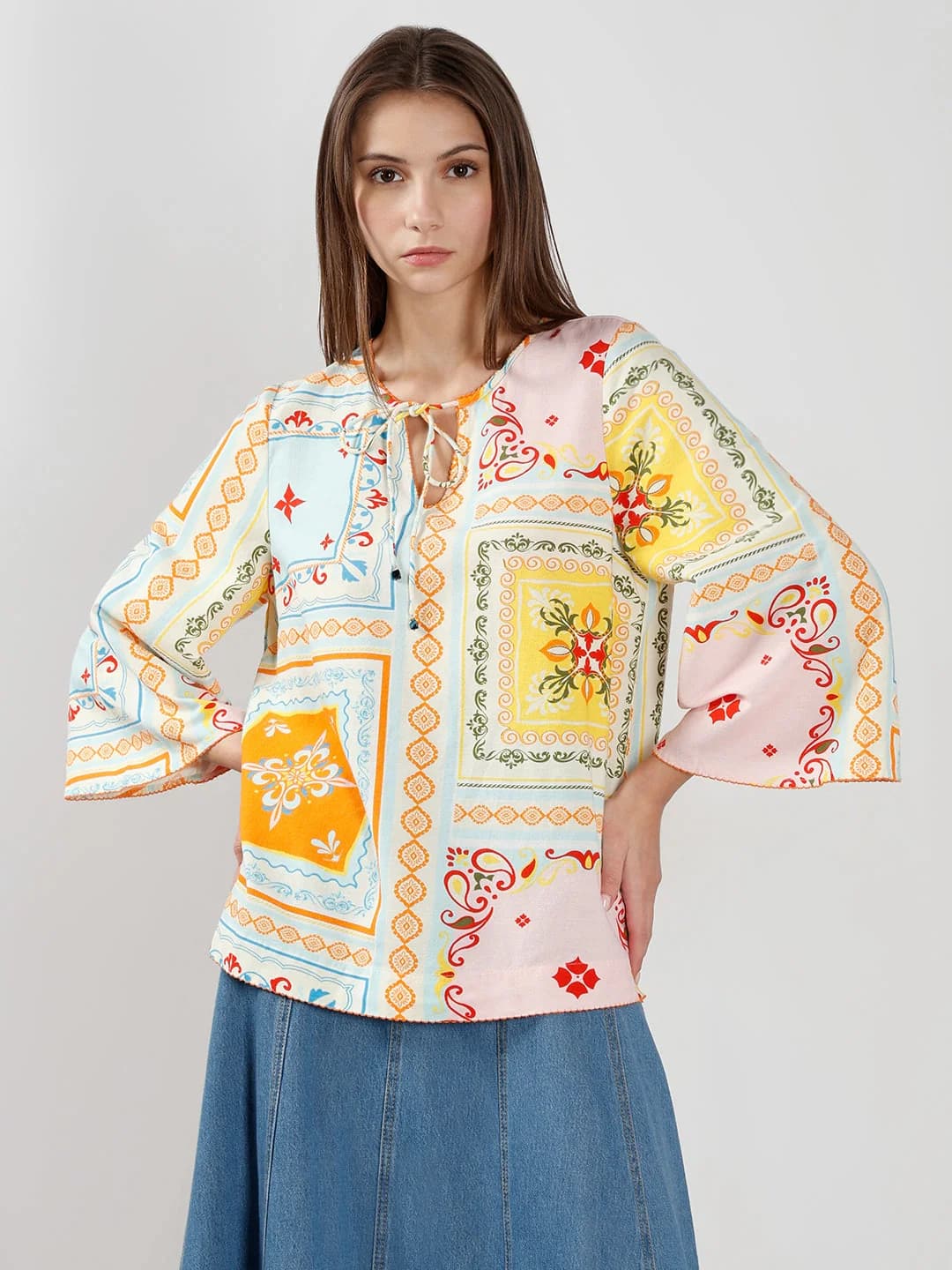 Women's Yellow Casual Printed Regular Fit Top