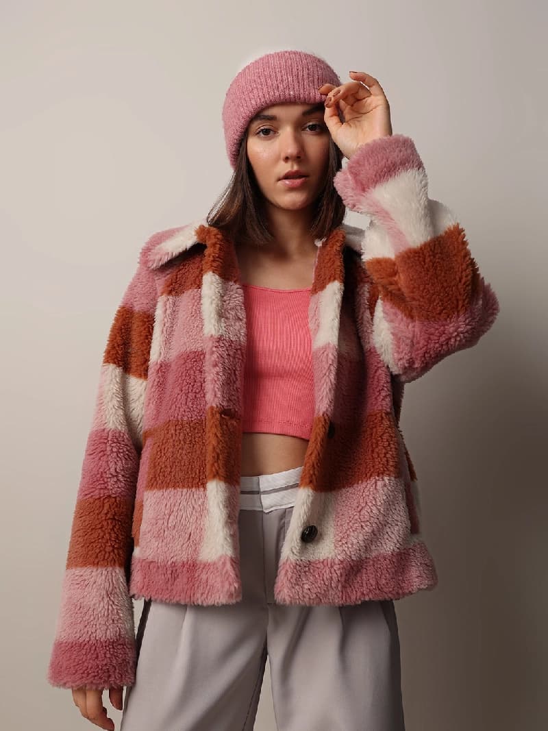 Women's Pink Outdoor Check Teddy Jacket