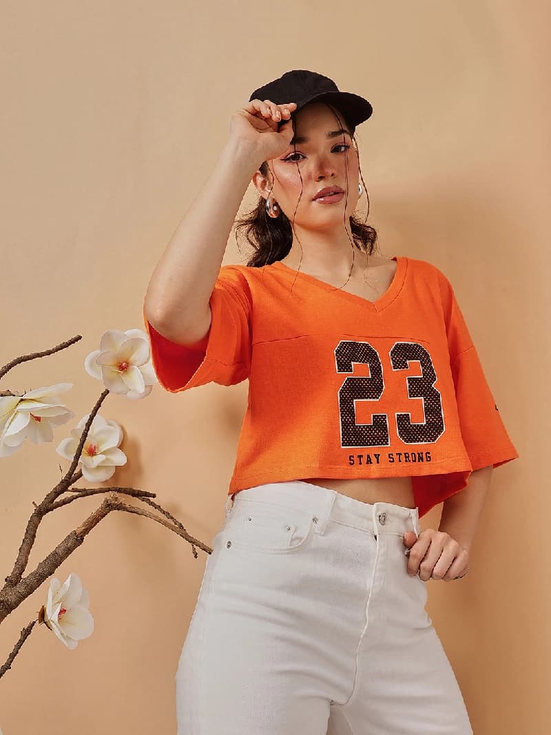 Women's Orange Casual Graphic Oversized Fit Tshirt