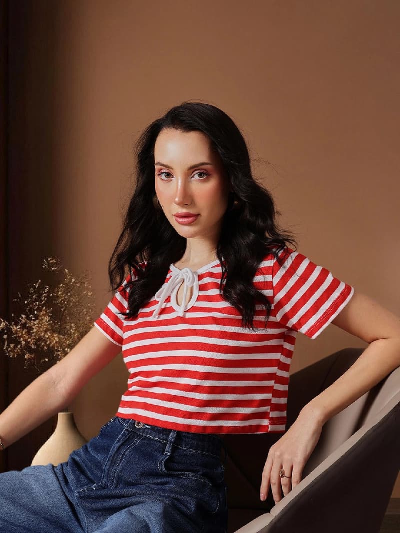 Women's Red Casual Striped Regular Fit Top