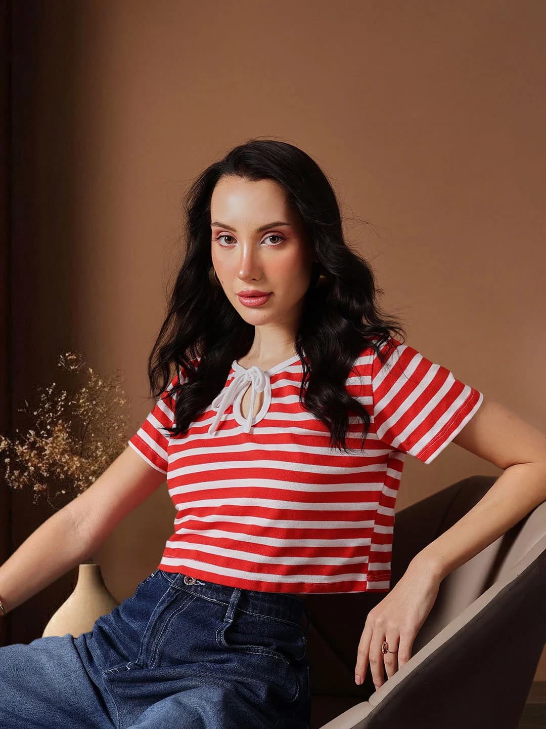 Women's Red Casual Striped Regular Fit Top