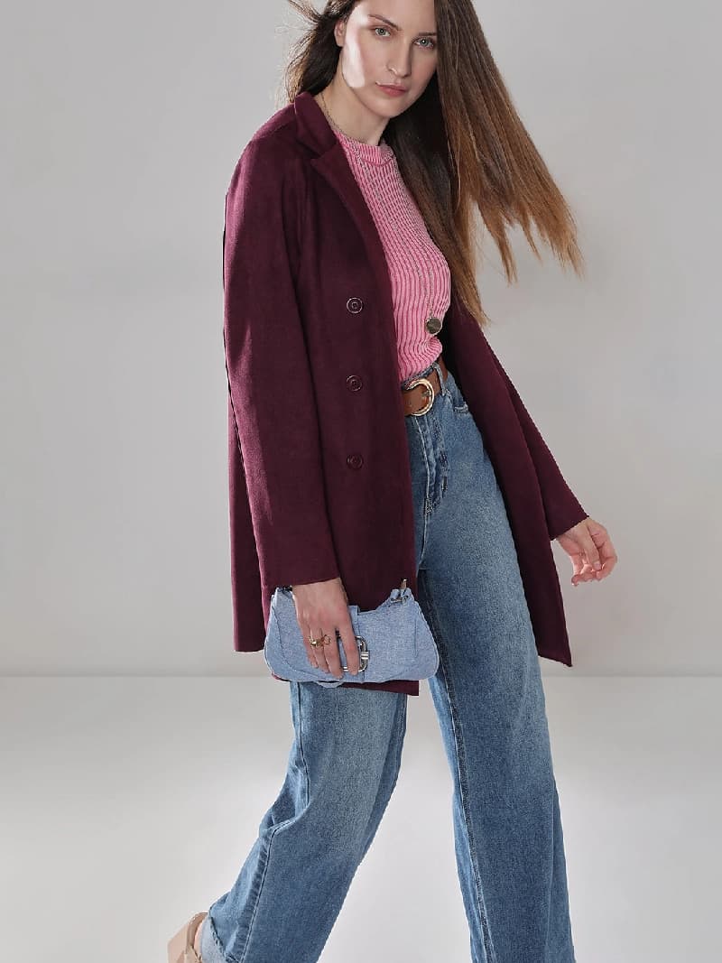 Women's Purple Casual Textured Coat