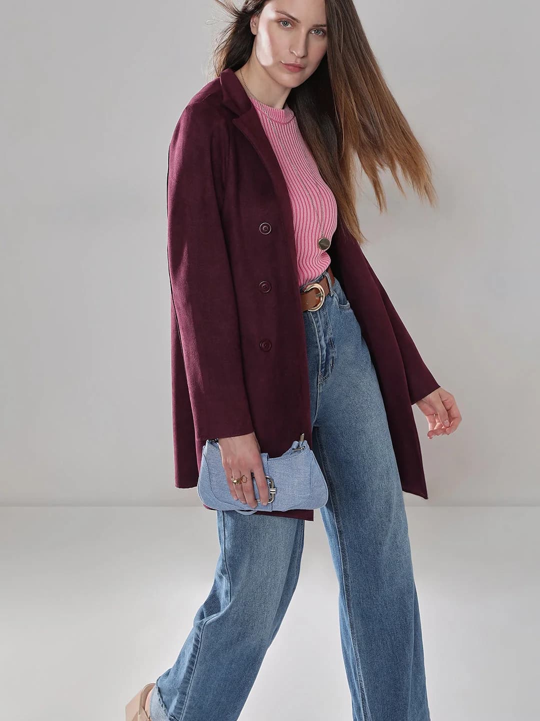 Women's Purple Casual Textured Coat