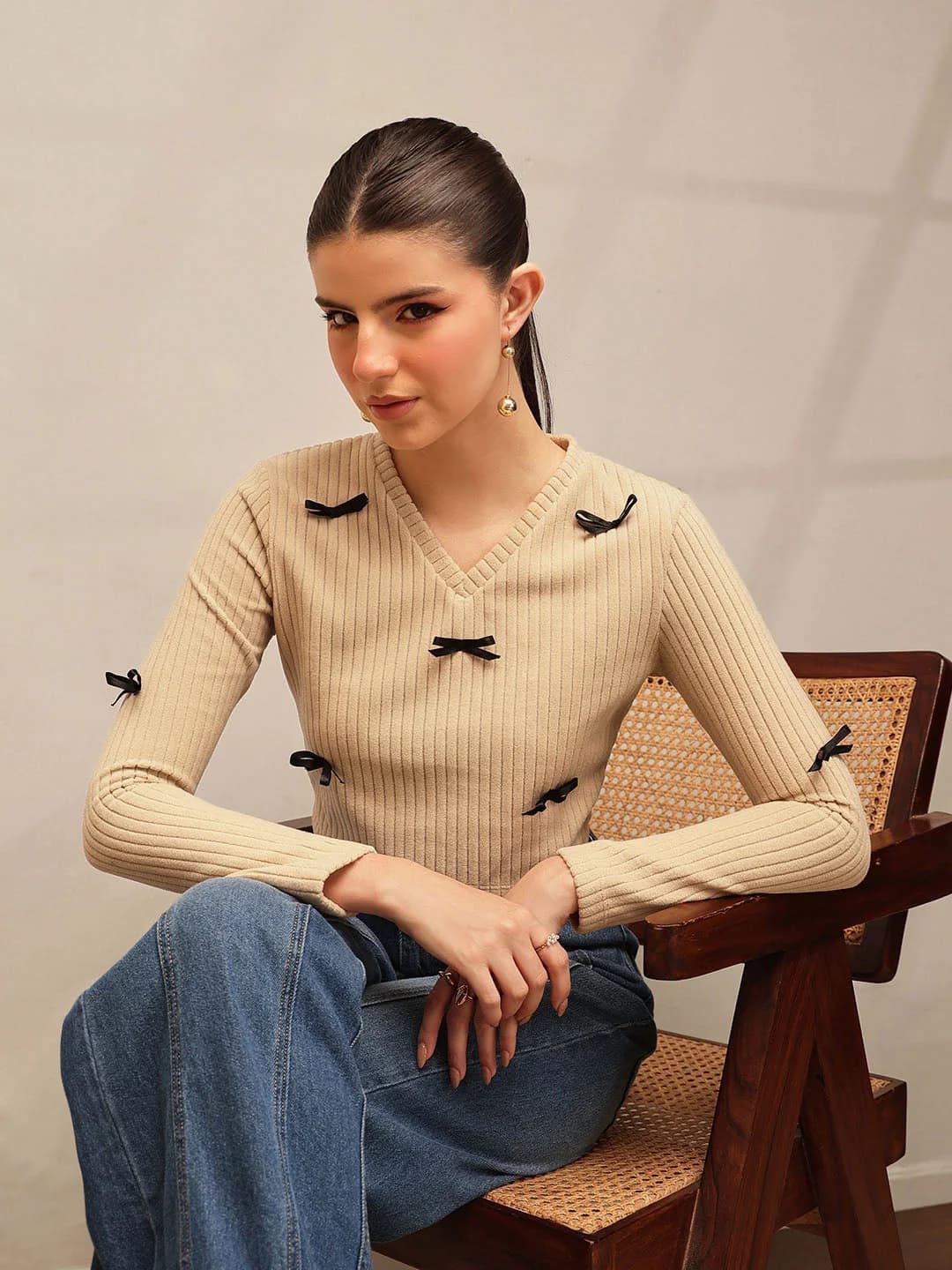 Women's Beige Casual Self-Design Regular Fit Top