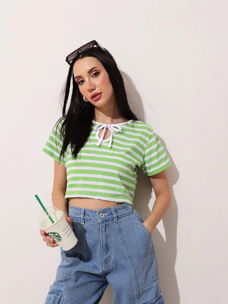 Women's Green Casual Striped Regular Fit Top