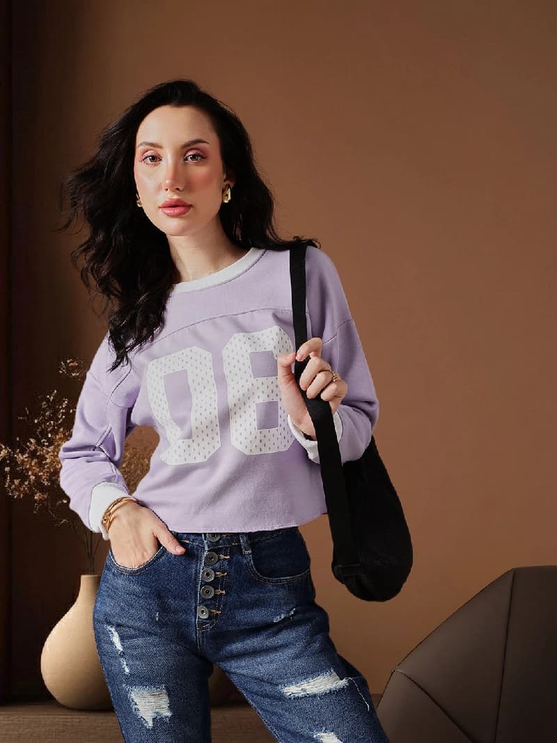 Women's Lavender Casual Printed Full Sleeves Sweatshirt