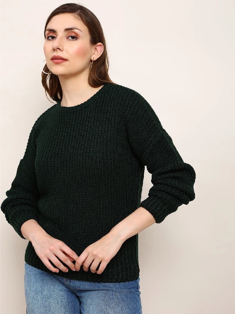 Women's Green Casual Solid Oversized Fit Sweater