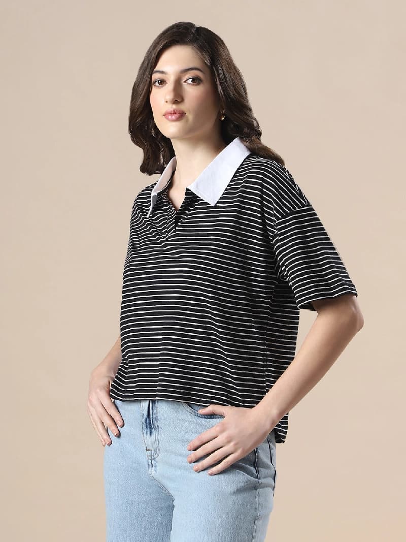 Women's Black Casual Striped Oversized Fit Tshirt