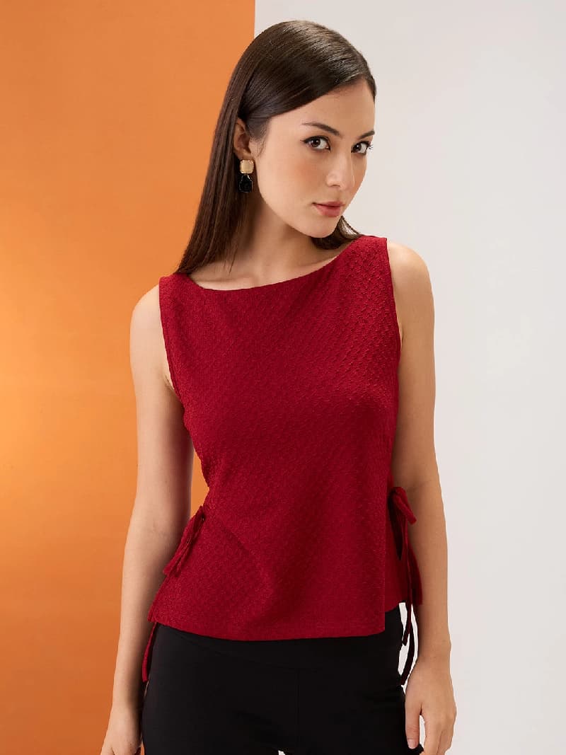 Women's Red Casual Self-Design Regular Fit Top