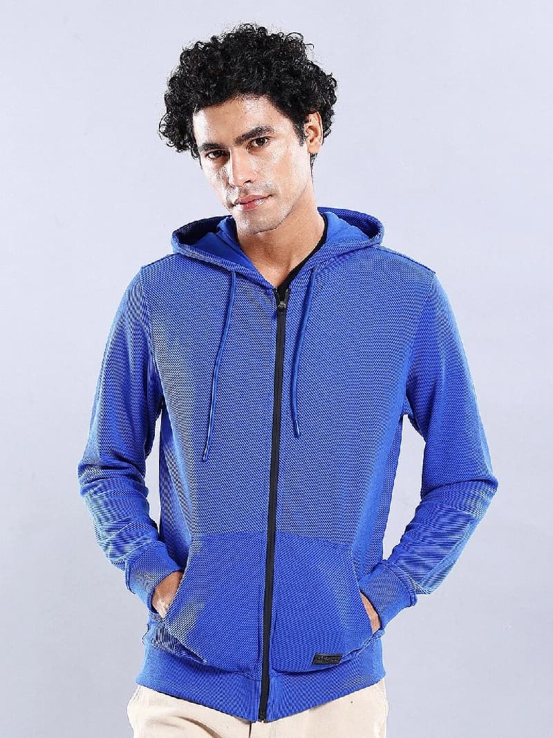 Men's Blue Casual Self-Design Regular Fit Hoodie