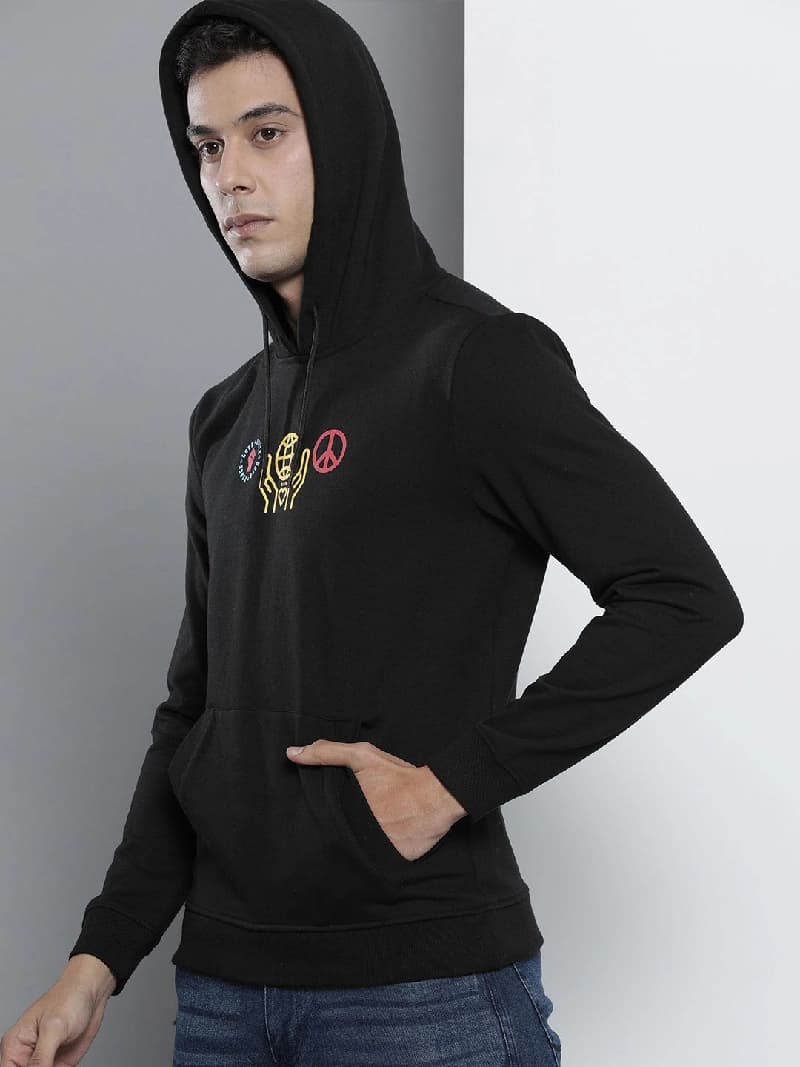 Men's Black Casual Printed Regular Fit Hoodie