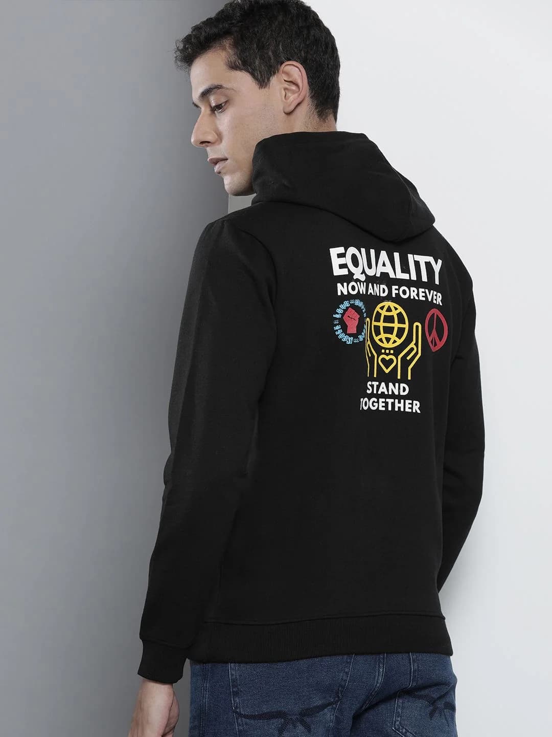 Men's Black Casual Printed Regular Fit Hoodie