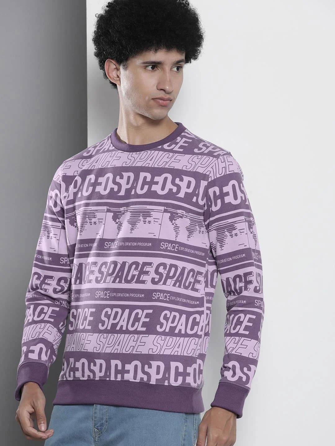 Men's Purple Casual Printed Regular Fit Sweatshirt