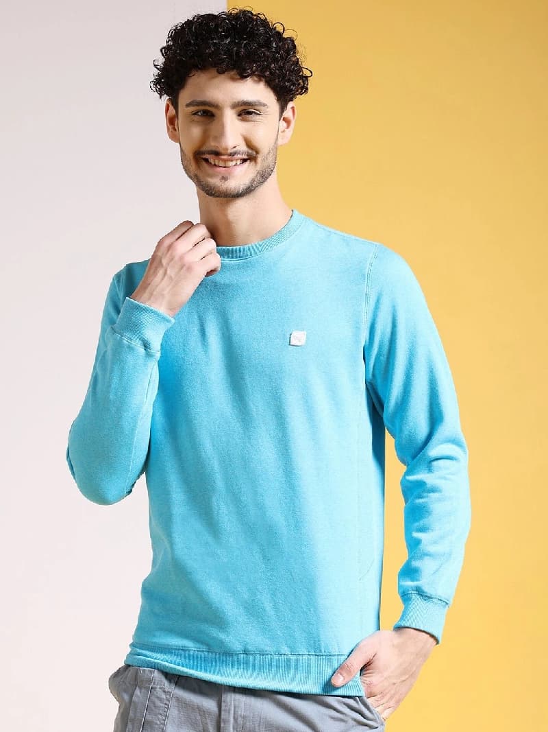 Men's Blue Casual Self-Design Regular Fit Sweatshirt