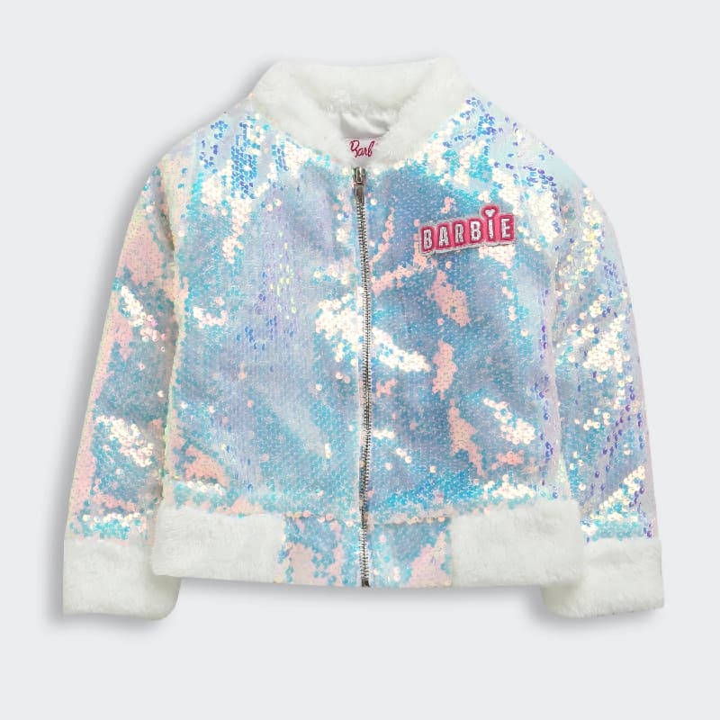 Girls Silver and White Party Full Sleeves Glitter Jacket