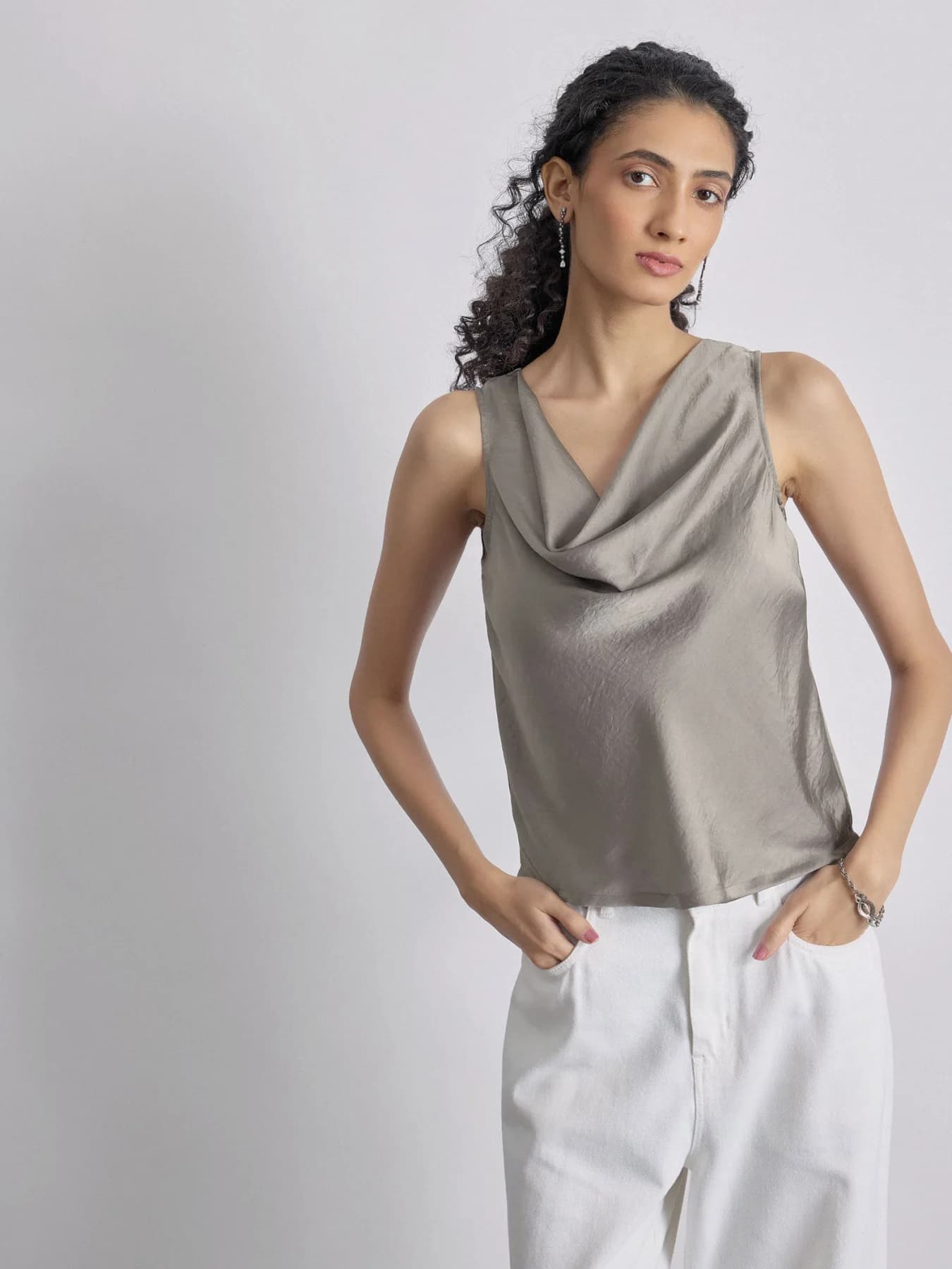 Women's Silver Casual Solid Regular Fit Top