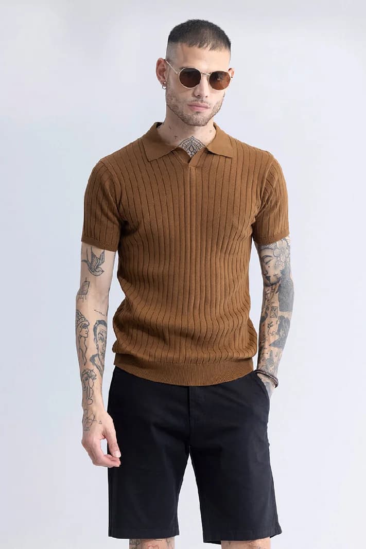 Men's Brown Casual Textured Slim Fit Polo Tshirt