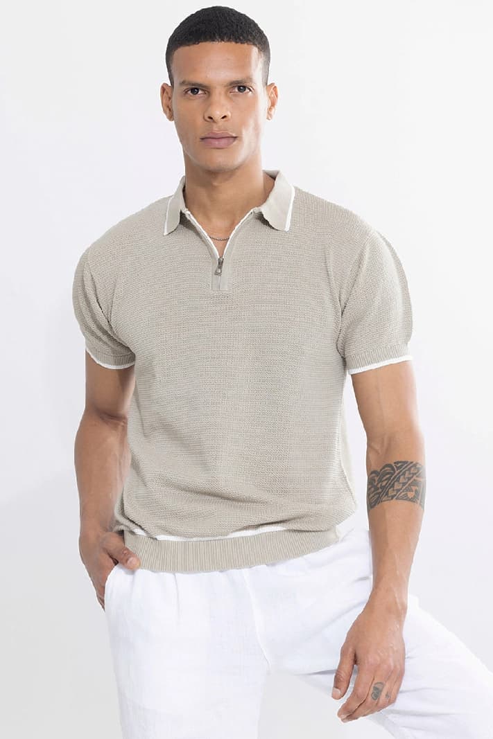 Men's Beige Casual Textured Slim Fit Polo Tshirt