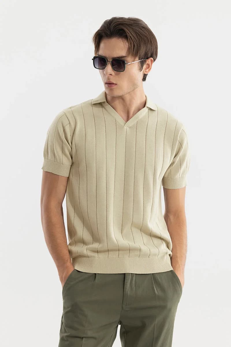 Men's Beige Casual Textured Slim Fit Polo Tshirt
