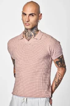Men's Pink Casual Self-Design Slim Fit Polo Tshirt