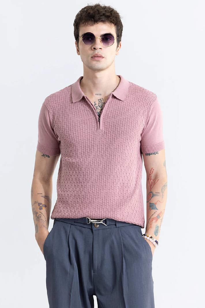 Men's Pink Casual Textured Slim Fit Polo Tshirt