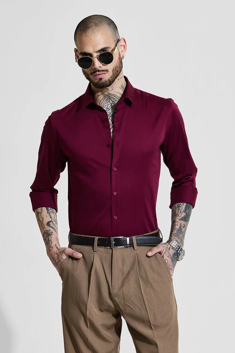 Men's Red Party Solid Slim Fit Cotton Shirt