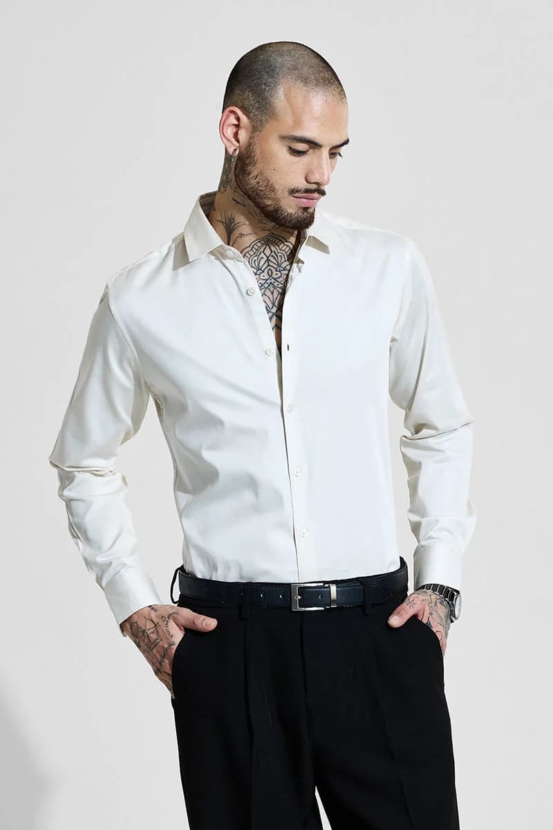 Men's White Party Solid Slim Fit Cotton Shirt