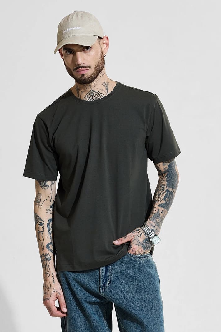 Men's Green Casual Solid Slim Fit Tshirt