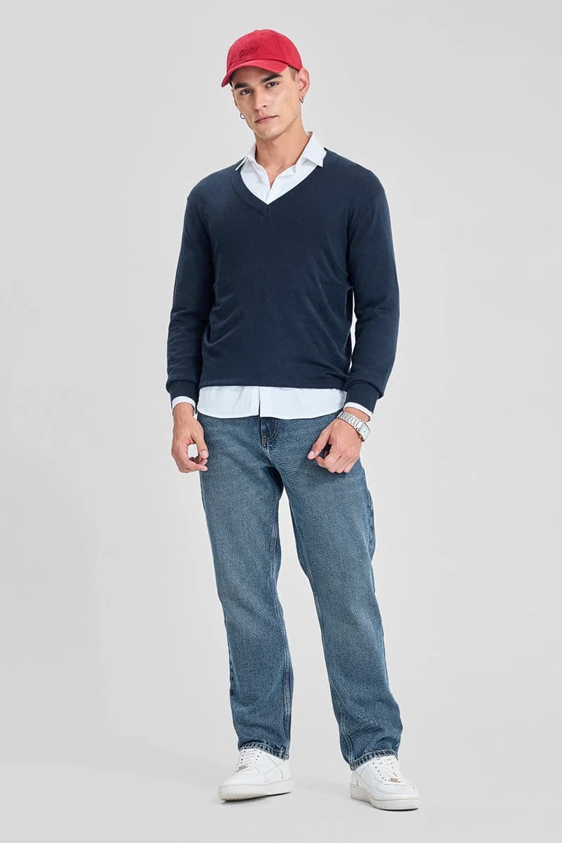 Men's Navy Casual Solid Regular Fit Sweater